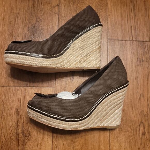 Tory Burch Canvas Espadrilles Wedge Brown Size 7 New - Picture 5 of 7